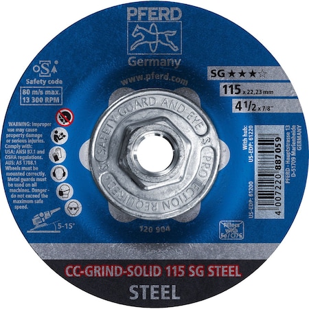 Pferd 61220 4-1/2in CC-GRIND-SOLID 5/8-11 Thread - SG for STEEL 61220-PFERD